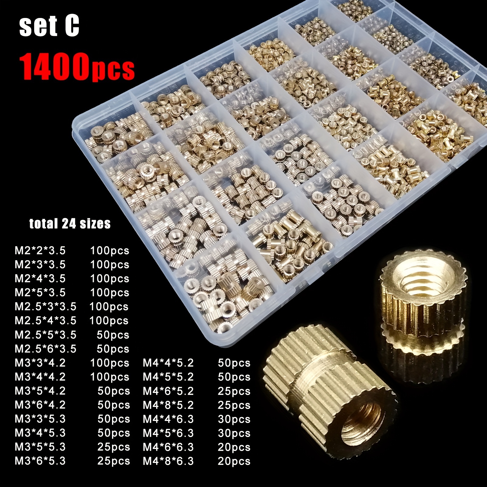 500/750/1400pcs Solid Brass Knurl Thread Embedded Insert Nut Mix M2 M2.5 M3 M4 Size Set Kit Box