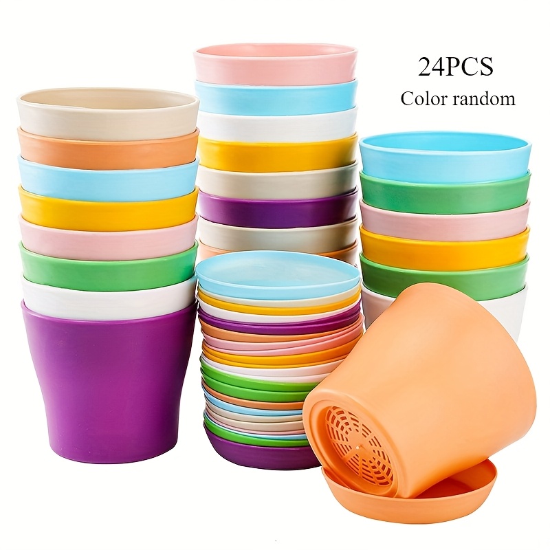 

24pcs Vibrant 4" Plastic Plant Pots With Matching Saucers - Lightweight, Nursery Containers For Seedlings, Succulents & Flowers - Ideal For Indoor/outdoor Garden, Office, Balcony , Pots For Plants