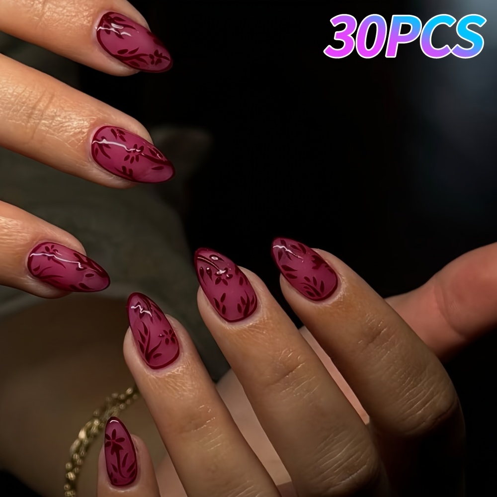 TEMU 30pcs Medium Almond Press On Nails For Women, Nails With Dark Floral Print, Elegant Vintage Style, Glossy Surface, Reusable Nails For Party Date