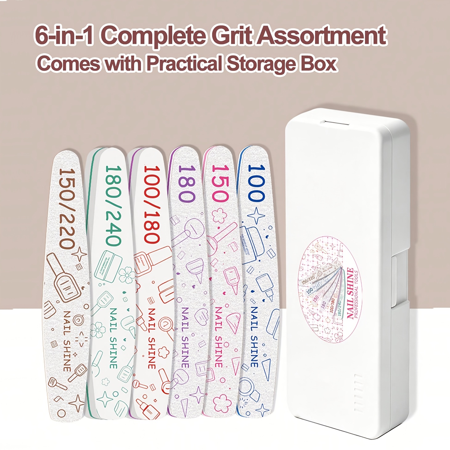 TEMU Kit de lime à ongles professionnelle 6-en-1 avec boîte de rangement — Grains professionnels pour , limer et polir