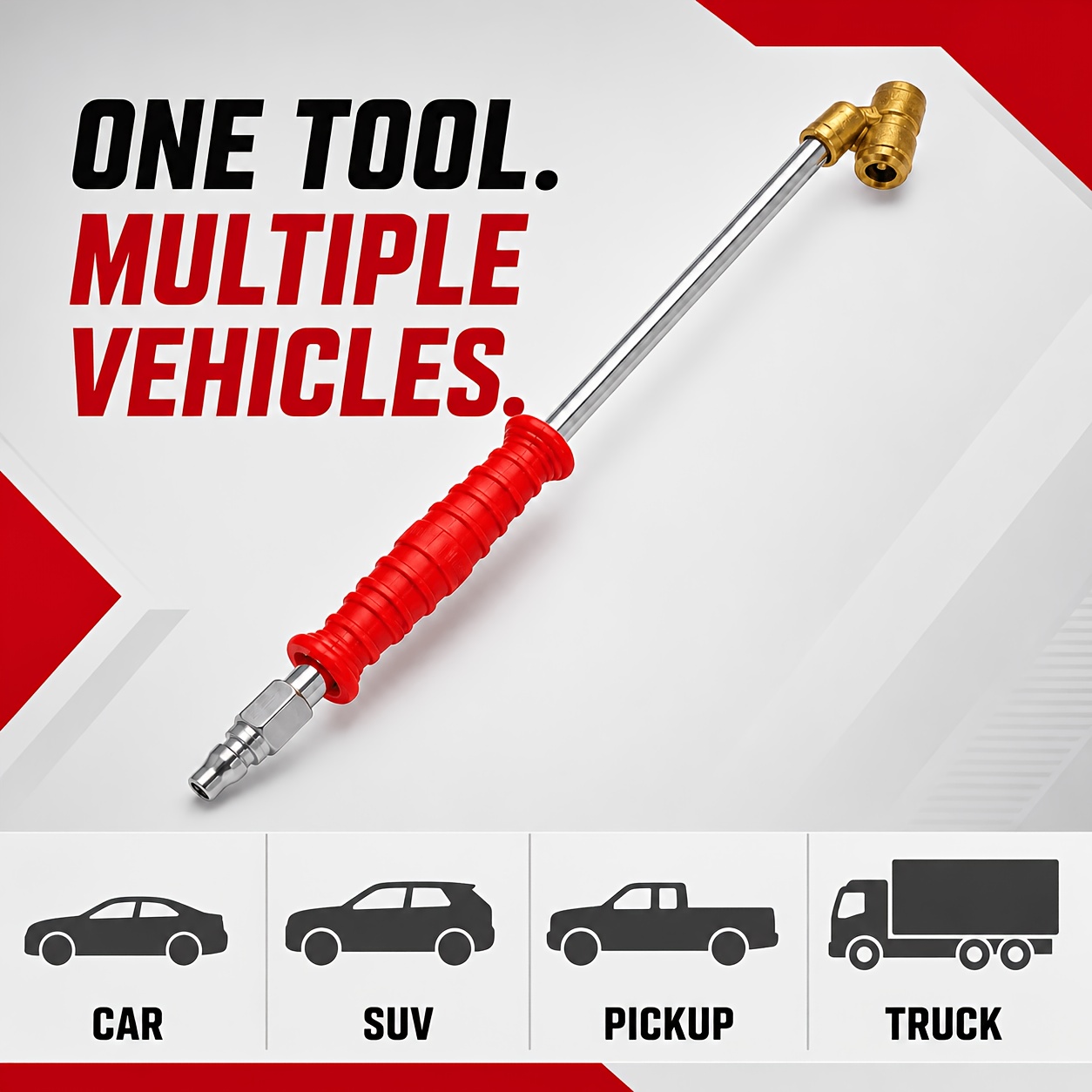 TEMU Heavy-duty Dual-head Tire Inflation Nozzle, Long-rod Inflation Rod, Equipped With A Red Anti-slip Handle And Plug, Suitable For Cars, Suvs,