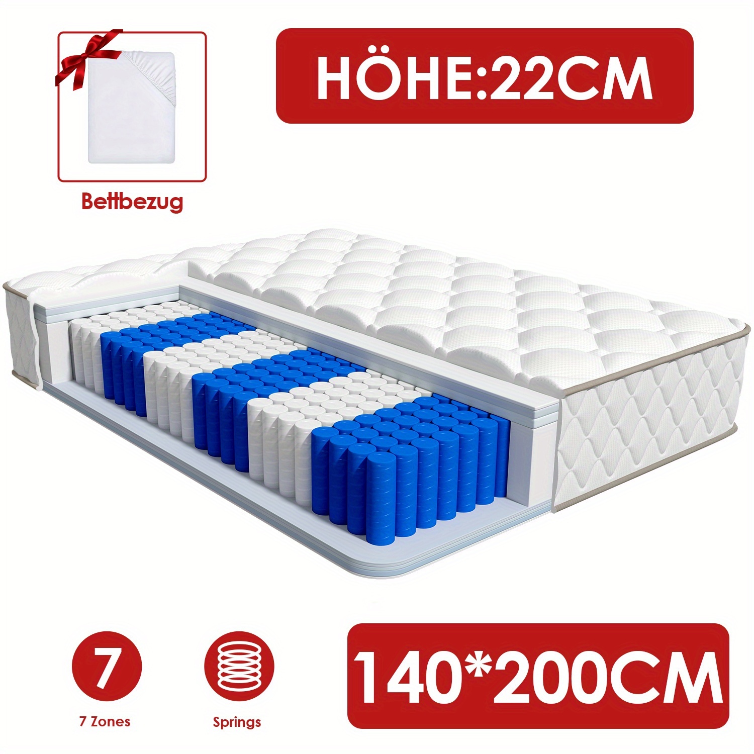 Carroltt Independent Bagged Spring Core Mattress 90*200, 7-zone Support, , Comfortable Sponge, Firmness Level H3
