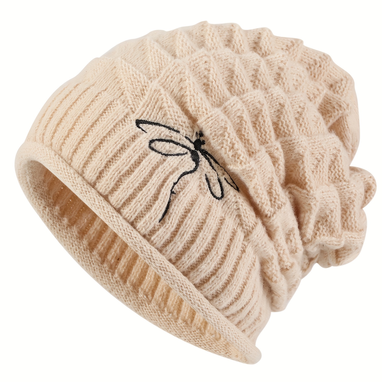 

Women's Embroidered Dragonfly Knit Beanie, 100% Polyester, Stretchable, Winter Warm Hat, With Hand Washable, For Autumn Winter Outdoor Activities, Perfect Gift For Christmas And Halloween