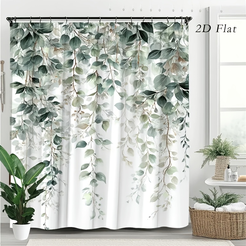 TEMU 2d Flat, 1pc Nordic Minimalist Style Shower Curtain, 2d Flat Print Featuring As With Watercolor-like Depicting A , Drooping Eucalyptus Vine. The