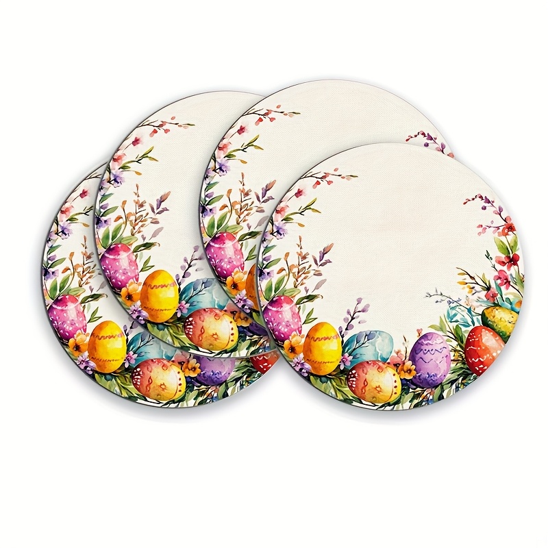 TEMU 4pcs, Easter Placemats, Round Table Mats, Easter Placemat Easter Eggs Floral Wreaths, Non Slip, Machine Washable, Durable And Easy To Clean, 15