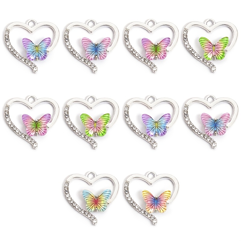 TEMU 10pcs Set Of Resin Design Heart-shaped Pendants, Rhinestone-inlaid Hollow Heart Charms, Suitable For Diy Exquisite And Beautiful Accessories,