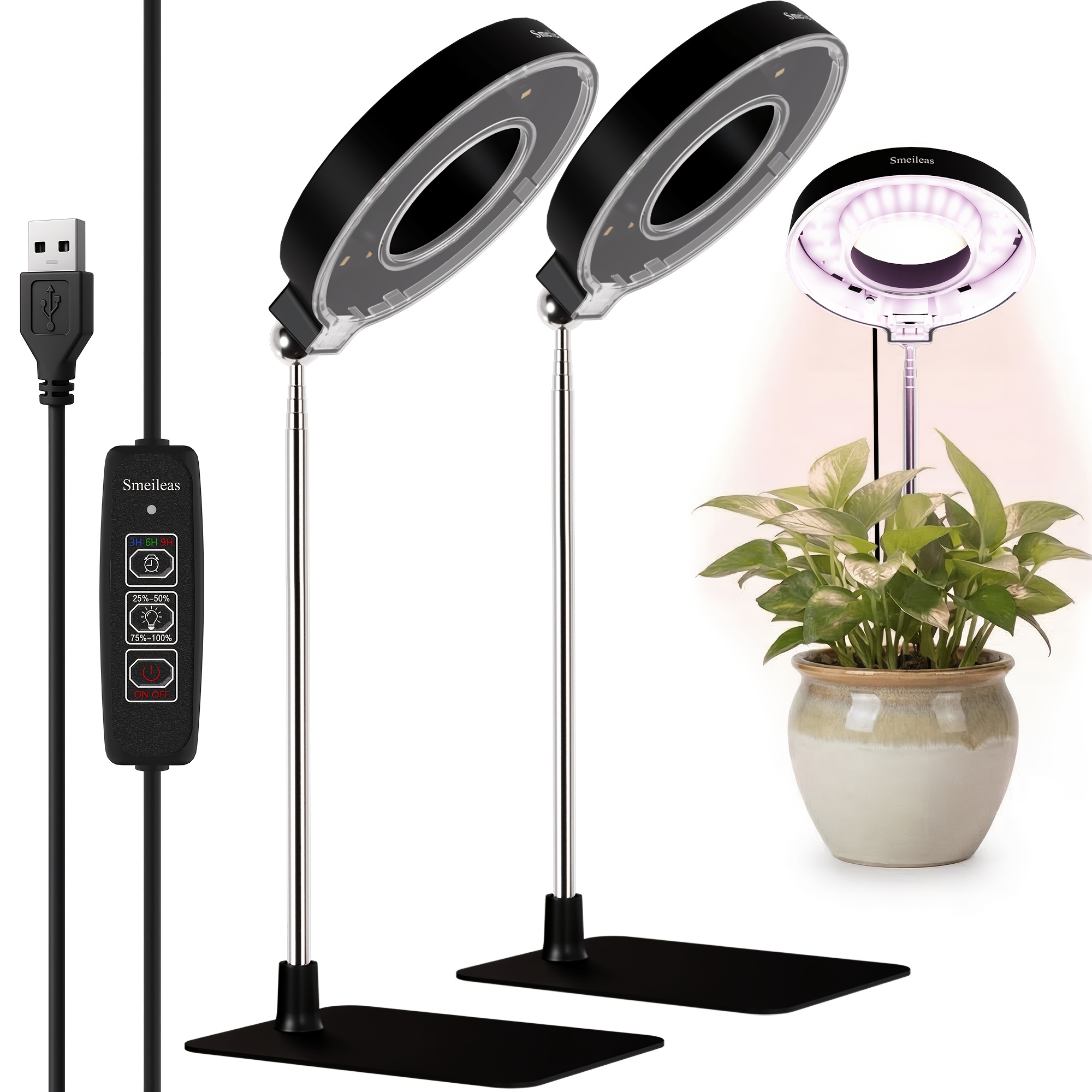 E-shop Zwei Desktop-Pflanzenleuchten mit Basis, mit einem 720° magnetischen , Vollspektrumlicht, einstellbarer Höhe und 3/6/9 Stunden Timer mit
