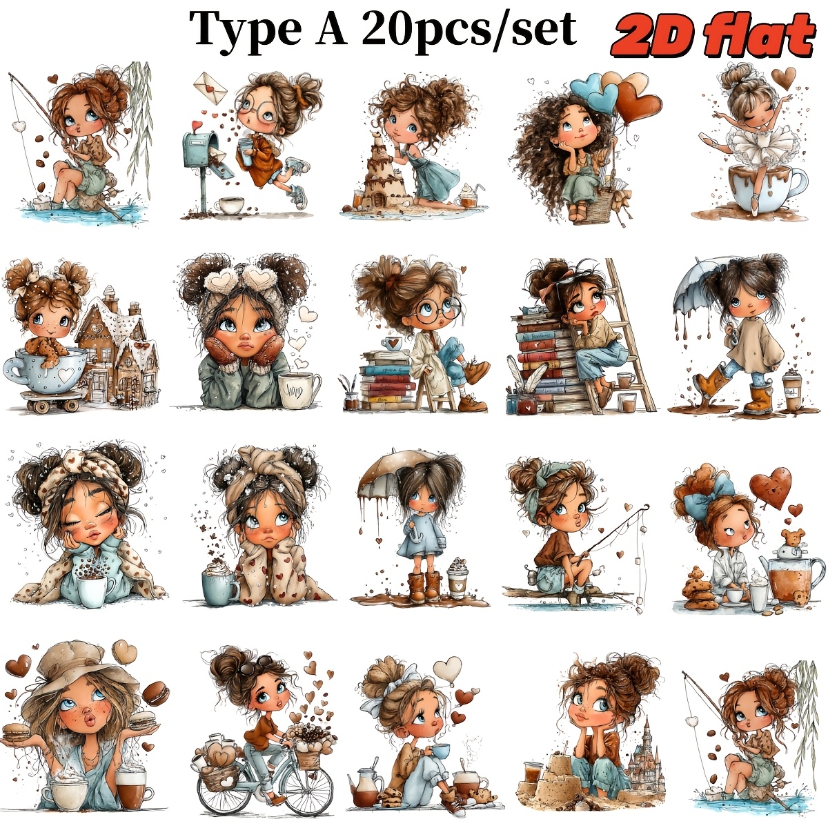 Image of 20pcs/set Creative Retro Coffee Loving 's Day Decoration Series Handmade High Quality Stickers, Solid 2d Stickers