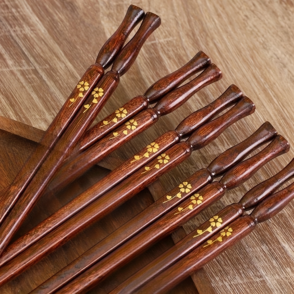 TEMU Natural Solid Wood Small Golden Flowerwood Chopsticks For Home Use, Anti-slip Durable And Easy To Clean With Golden Bottle Base , Kitchen