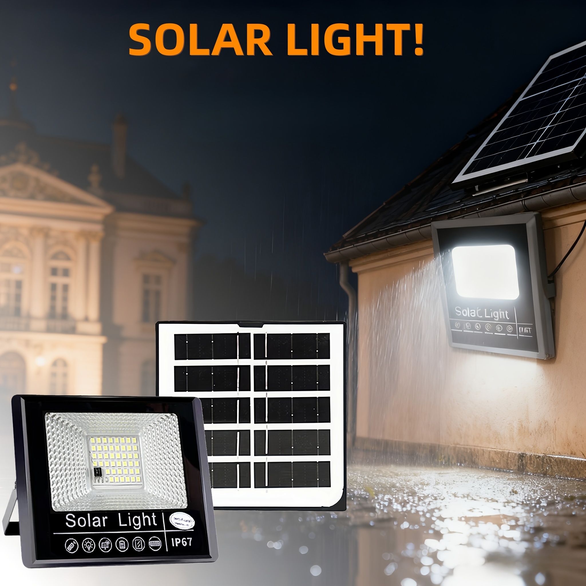 TEMU A New Outdoor Solar Floodlight With A Color Temperature Of 6500k. Waterproof With An Ip67 Rating And Features Functionality From Dusk Dawn. This