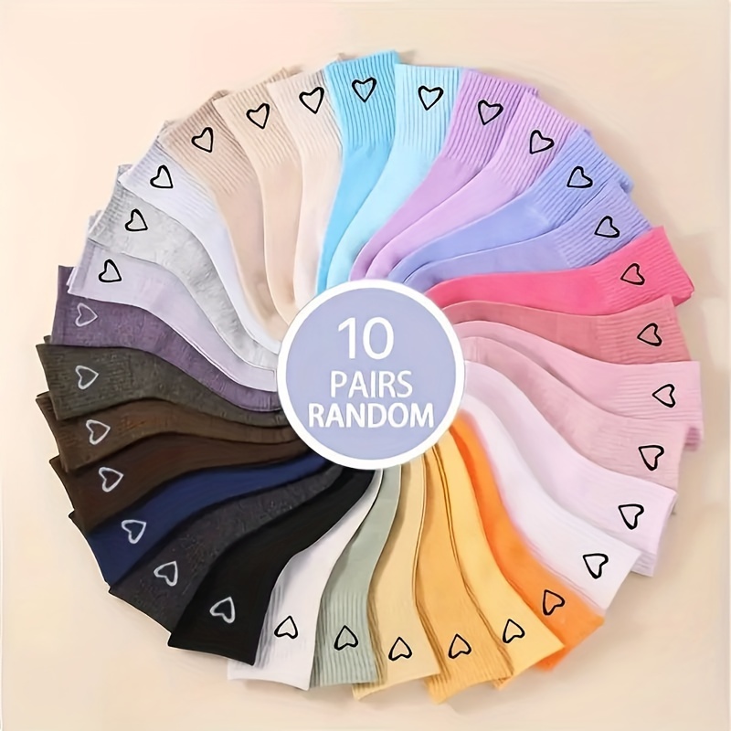 10 Pairs/20 Pairs, Random Colors, , Heart Pattern, Candy Color, Simple And Fashionable, Easy-matching, Mid-calf Women's Socks