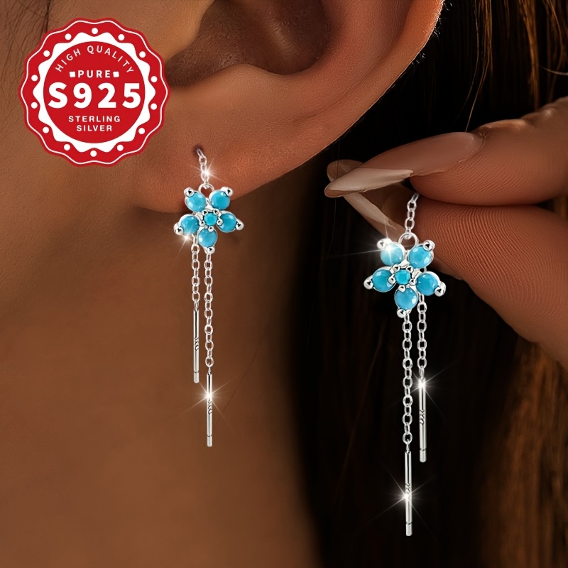 Women's S925 Silver Blue Floral Double Chain Ear Thread, Elegant Gift