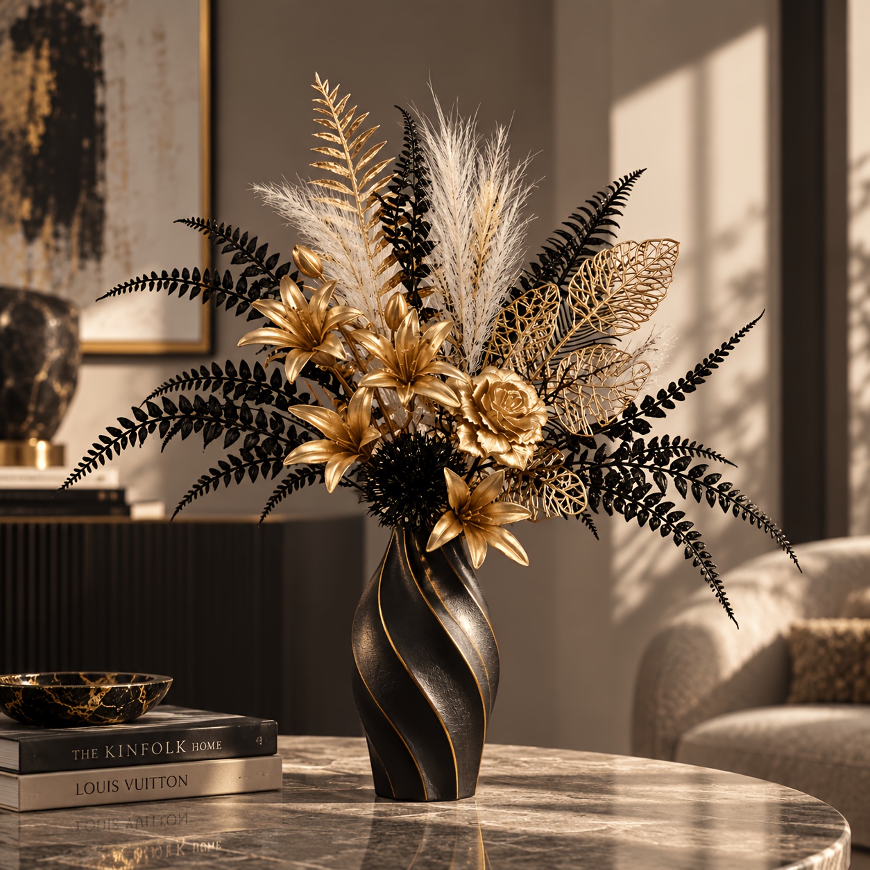TEMU 1 Ensemble de bouquet artificiel noir et doré de 43 cm, arrangement floral artificiel de rose doré avec feuilles de fougère noires et feuilles