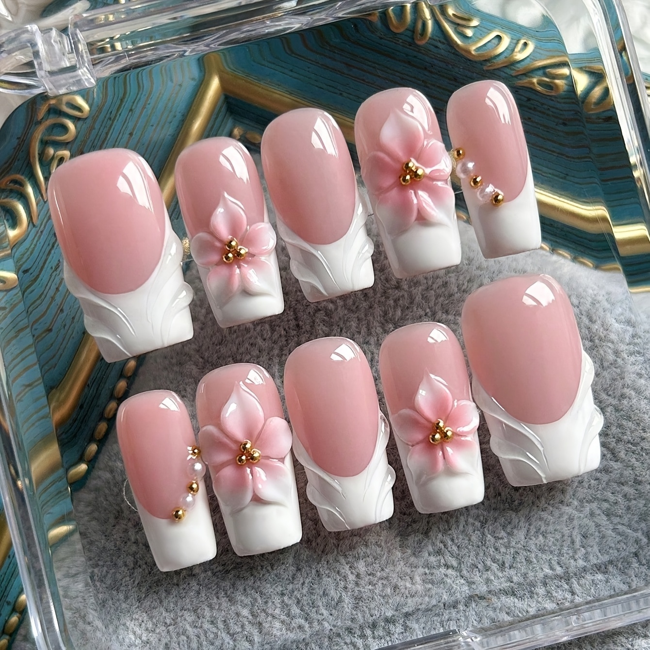 TEMU 10pcs Handmade Pink Square Nail Stickers, White French Tip, 3d Pink Floral Carving, Embossed Shell Decor, 3d Pearl Rhinestone And Golden Bead