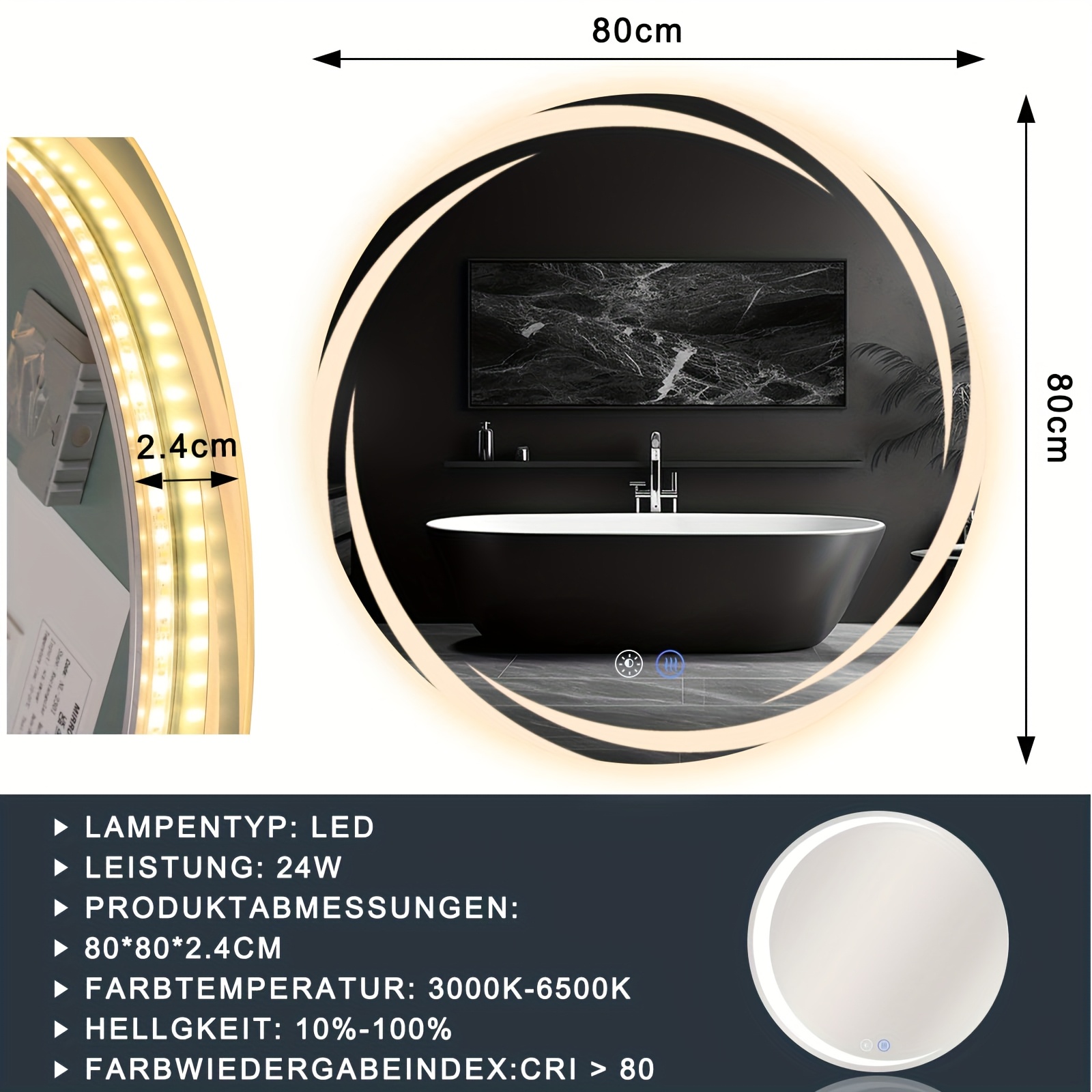 TEMU Bathroom Mirror With Lighting, Round Led Bathroom Mirror, 80 Cm, Round Bathroom Mirror With Touch Mirror Wall With Light, Round Mirror,