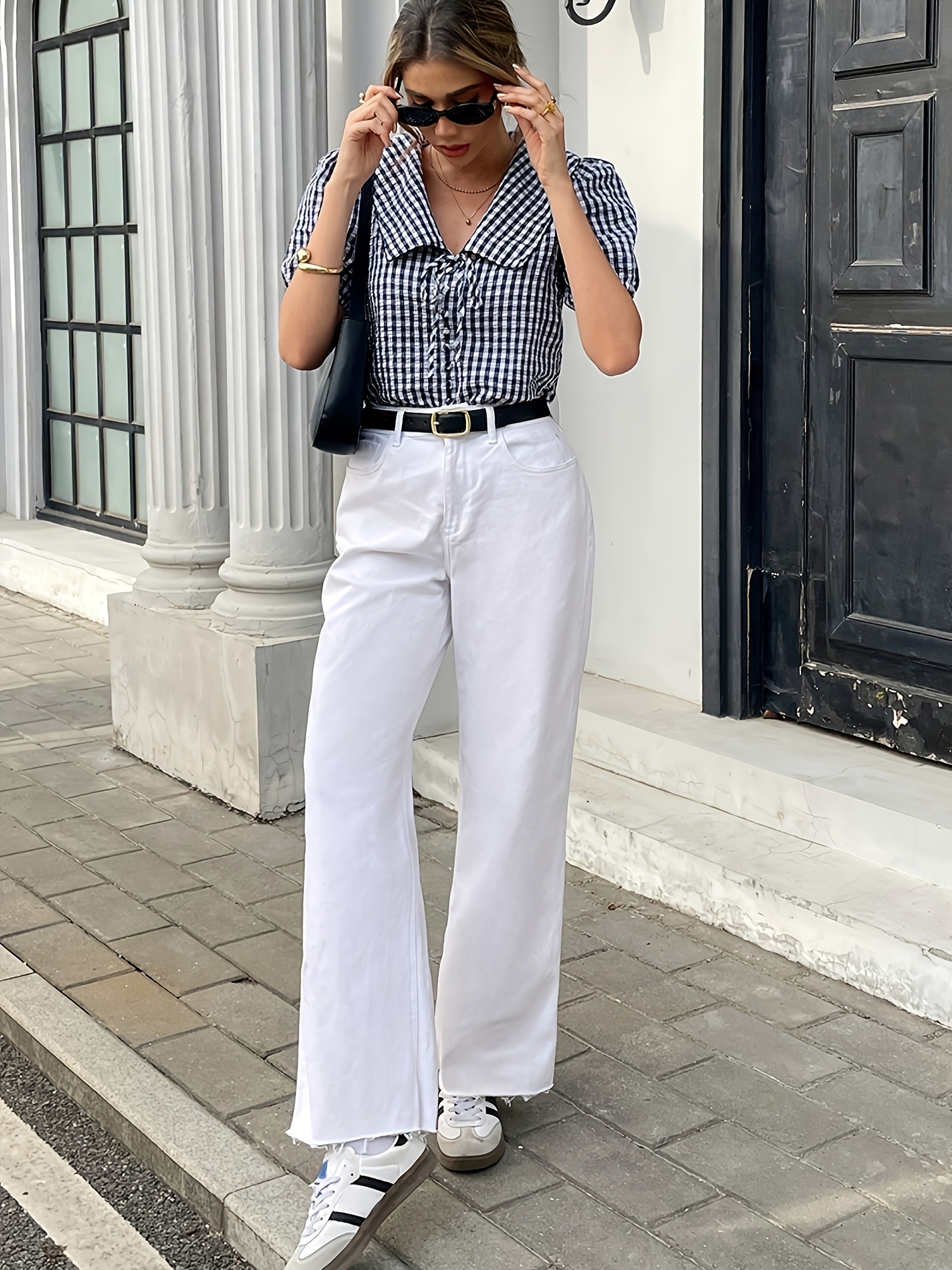 womens white gingham button shirt puff sleeves Temu Pakistan