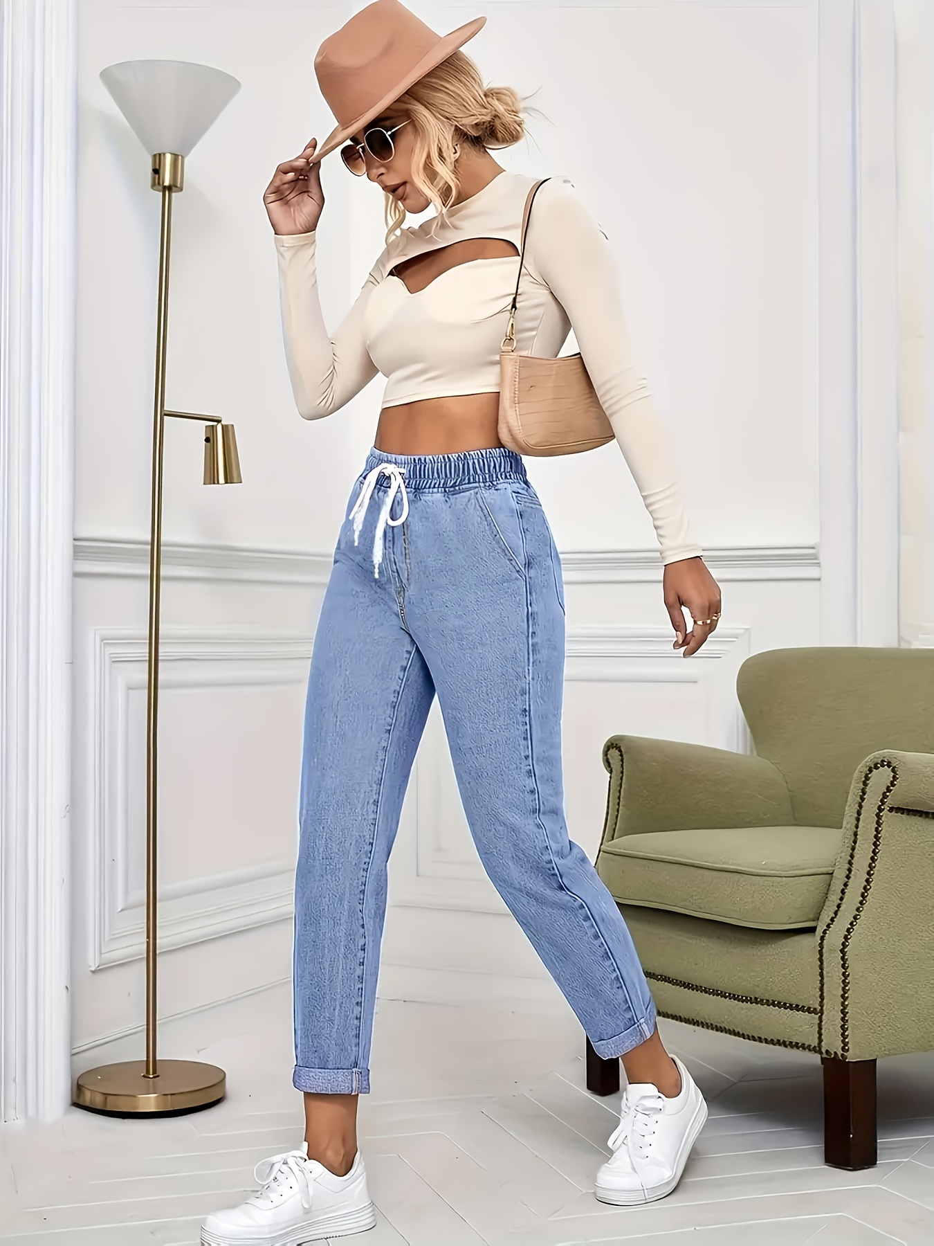 vrouwen stretch jeans - niet-doorzichtige rekbare broek met trekkoord taille, all-seizoen skinny jeans voor dagelijks & formele outfits - makkelijk wasbare denim- , veelzijdig garderobe must-have, opvouwbare zoomen, comfortabele pasvorm, casual wear liefhebbers 4