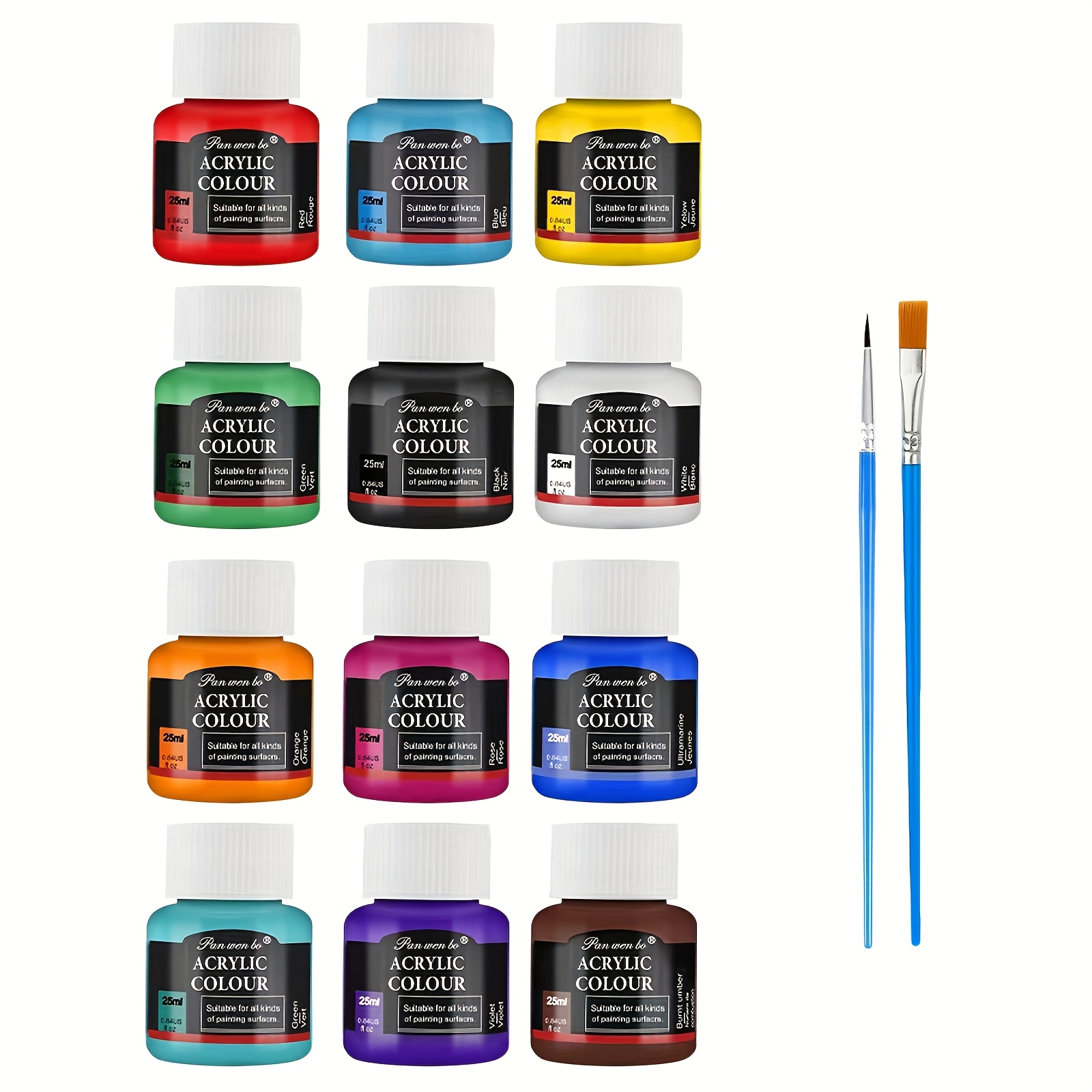 14pcs Professional Acrylic Paint Set, Large Capacity Bottles, 12 Colors Acrylic Paints With 2 Brushes, Rich Pigment, Fade Proof, Non-toxic, For Artists, Beginners & Adults