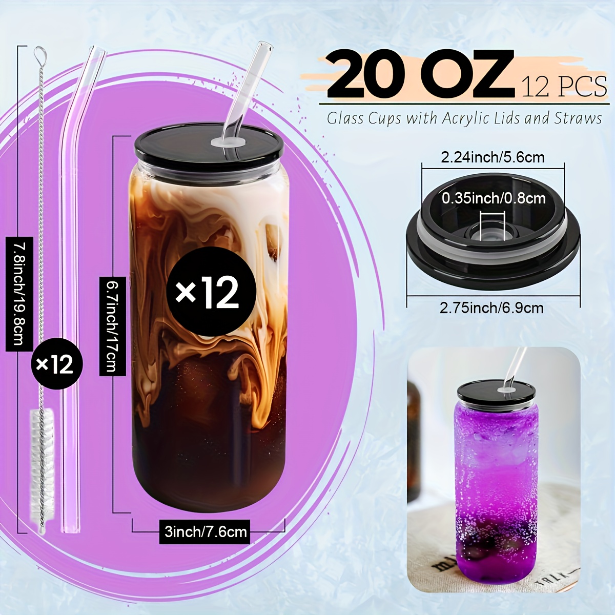 TEMU 12 Pack Glass Cups With Acrylic Lids And Glass Straws 20 Oz Clear Glass Tumblers Can Shaped Iced Coffee Cups Drinking Glasses, Cute Glass Cups