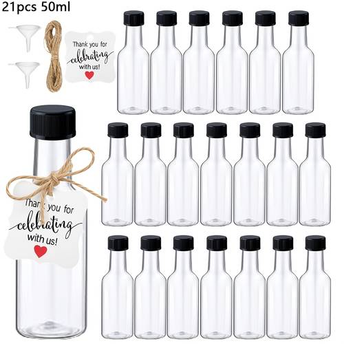 21pcs 50ml mini empty bottles plastic bottles with caps and labels suitable for juices milk salad bbq ideal for weddings fathers day camping picnics summer vacations outdoor and banquet decorations