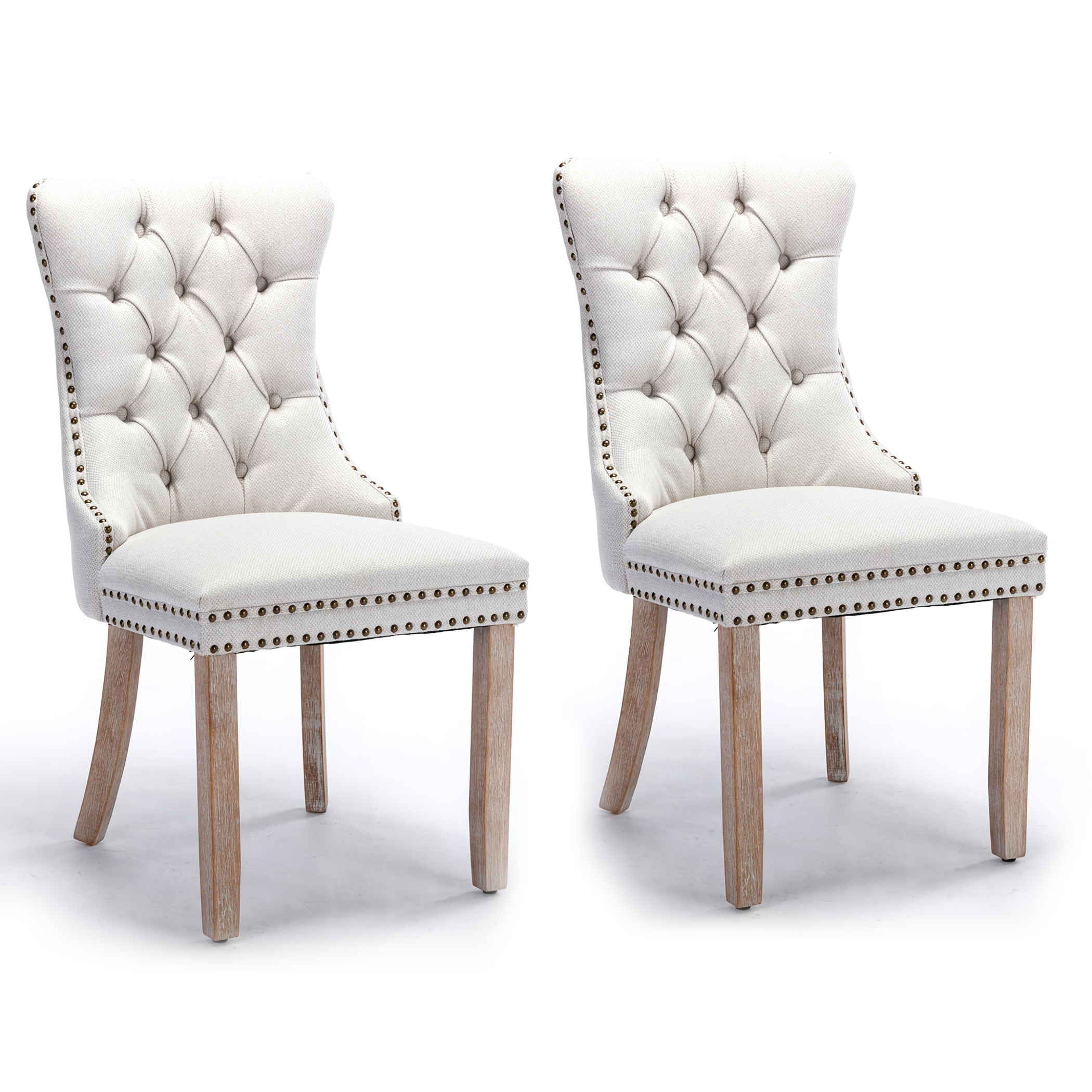 2pcs Linen Kitchen And Dining Room Chairs With Ring Handle Rivets, Button Backrest, And Adjustable Wooden Legs In