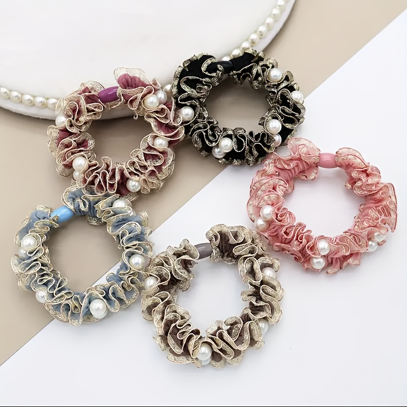 TEMU 5pcs Elegant Pearl & Fabric Hair Scrunchies - Versatile Hair Ties With Pearl Accents, Simple Yet Sophisticated Hair Accessories For Stylish Updos, Hair Scrunchies