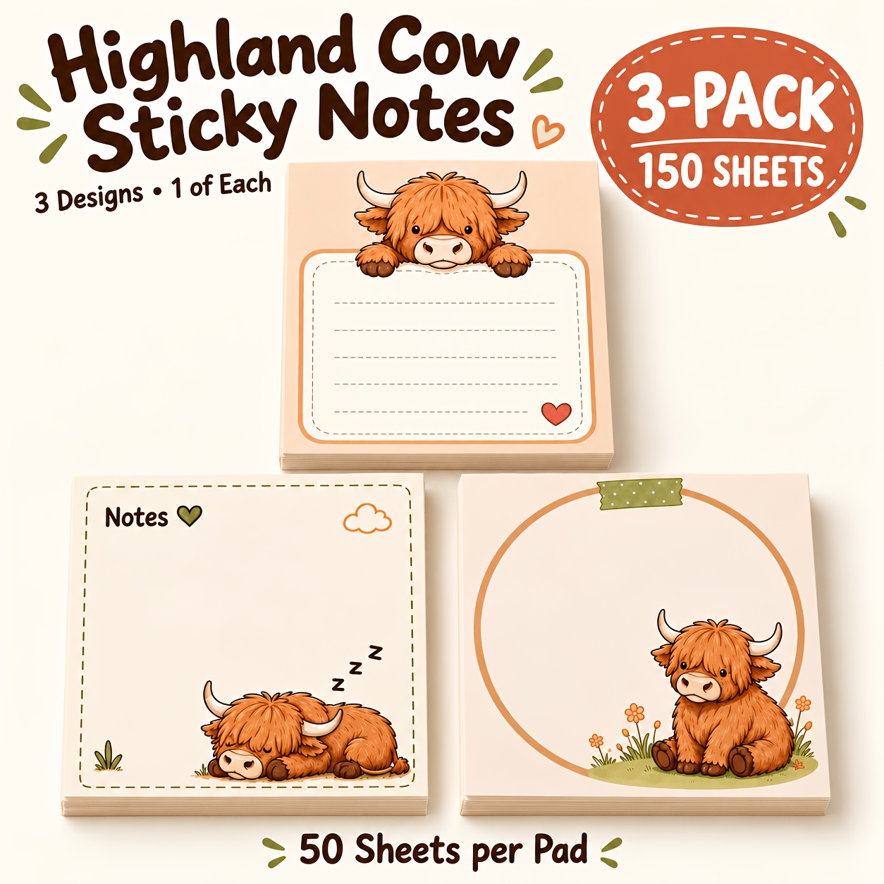 TEMU Highland Cow Sticky Notes, 3-pack Highland Cow Set, 3 Styles Cute, , Cow Notebooks And Memo Pads, Fun Adhesive Reminder Sticky Notes, Suitable