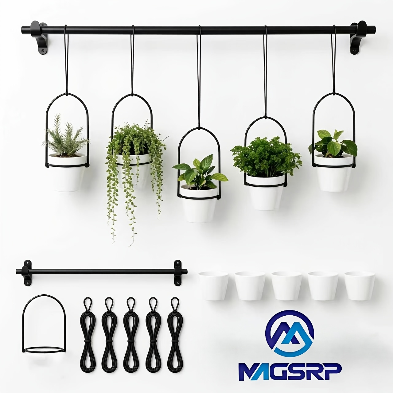 TEMU Magsrp Hanging Plant Pots With Metal Wall Rail 5 Plastic Planters Set Window Hanging Plant Shelf With Adjustable Ropes Indoor Outdoor Wall
