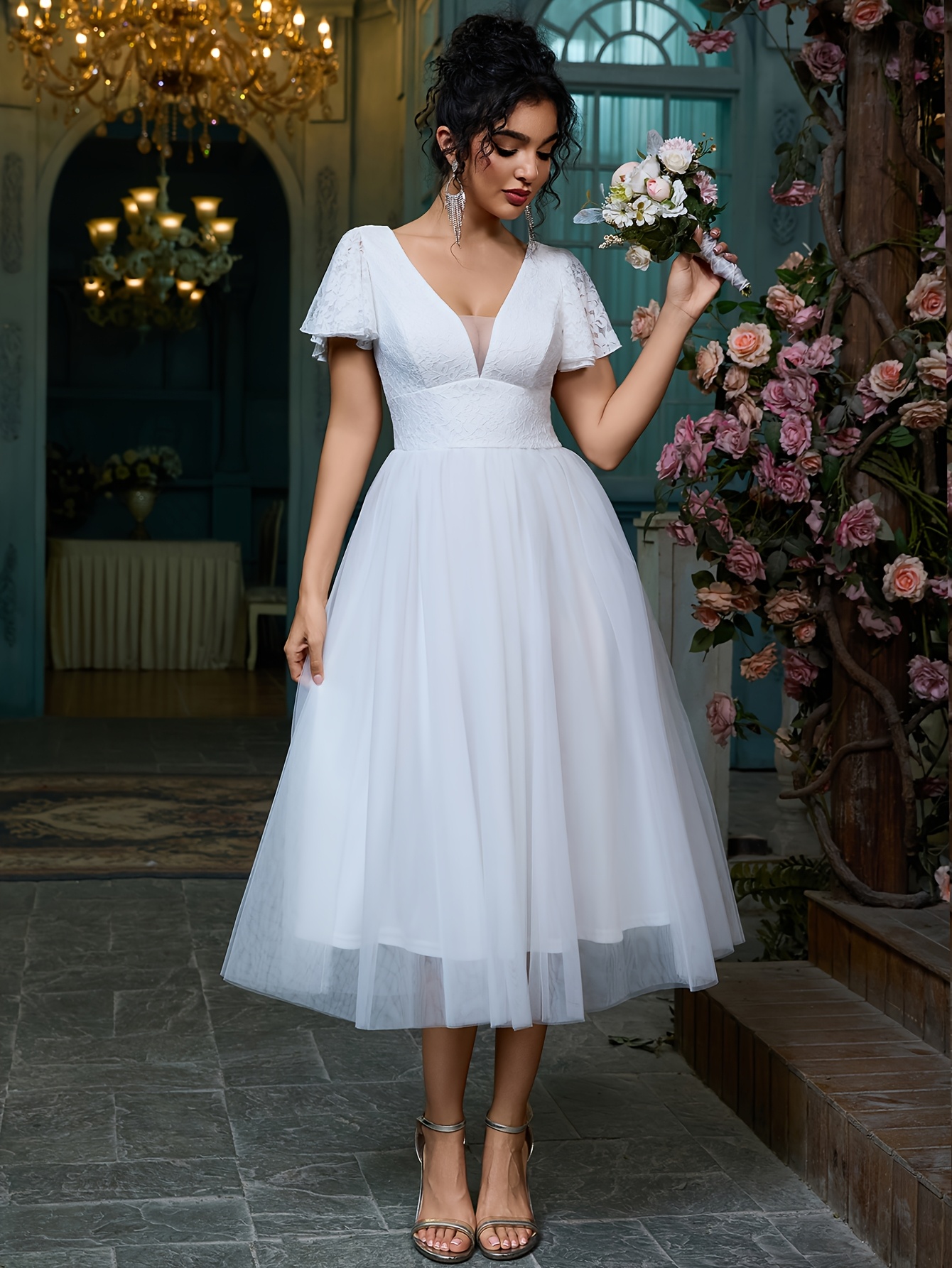 womens elegant lace v neck tea length mermaid a line party Temu