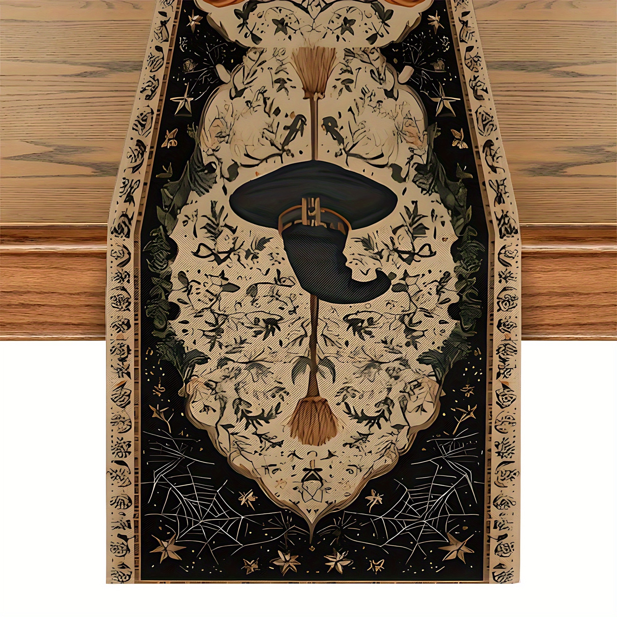 TEMU 1pc Gothic Victorian Style Table Runner | Black And Golden Web And Bat - Elegant Fabric Long Dining Table Decor For Halloween, Christmas, New