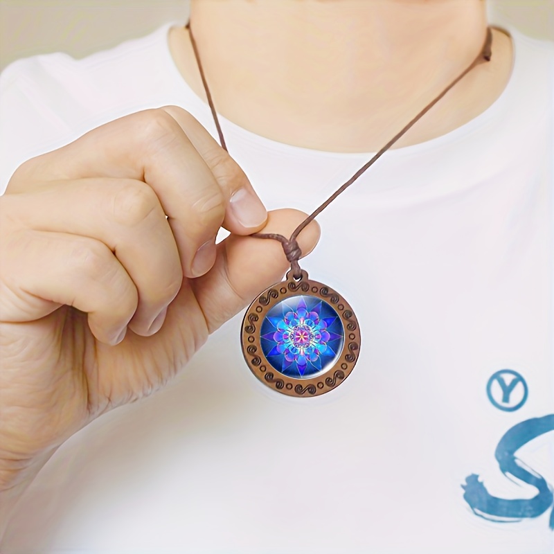 Wooden Pendant Necklace with Blue Lotus Pattern