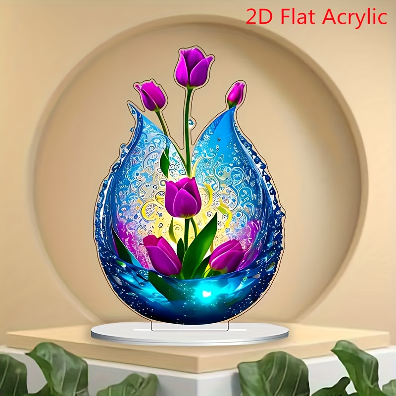 

Purple Floral Vase Acrylic Decor Piece, 4x5.7 Inches - Desk, Bedroom, Living Room & More