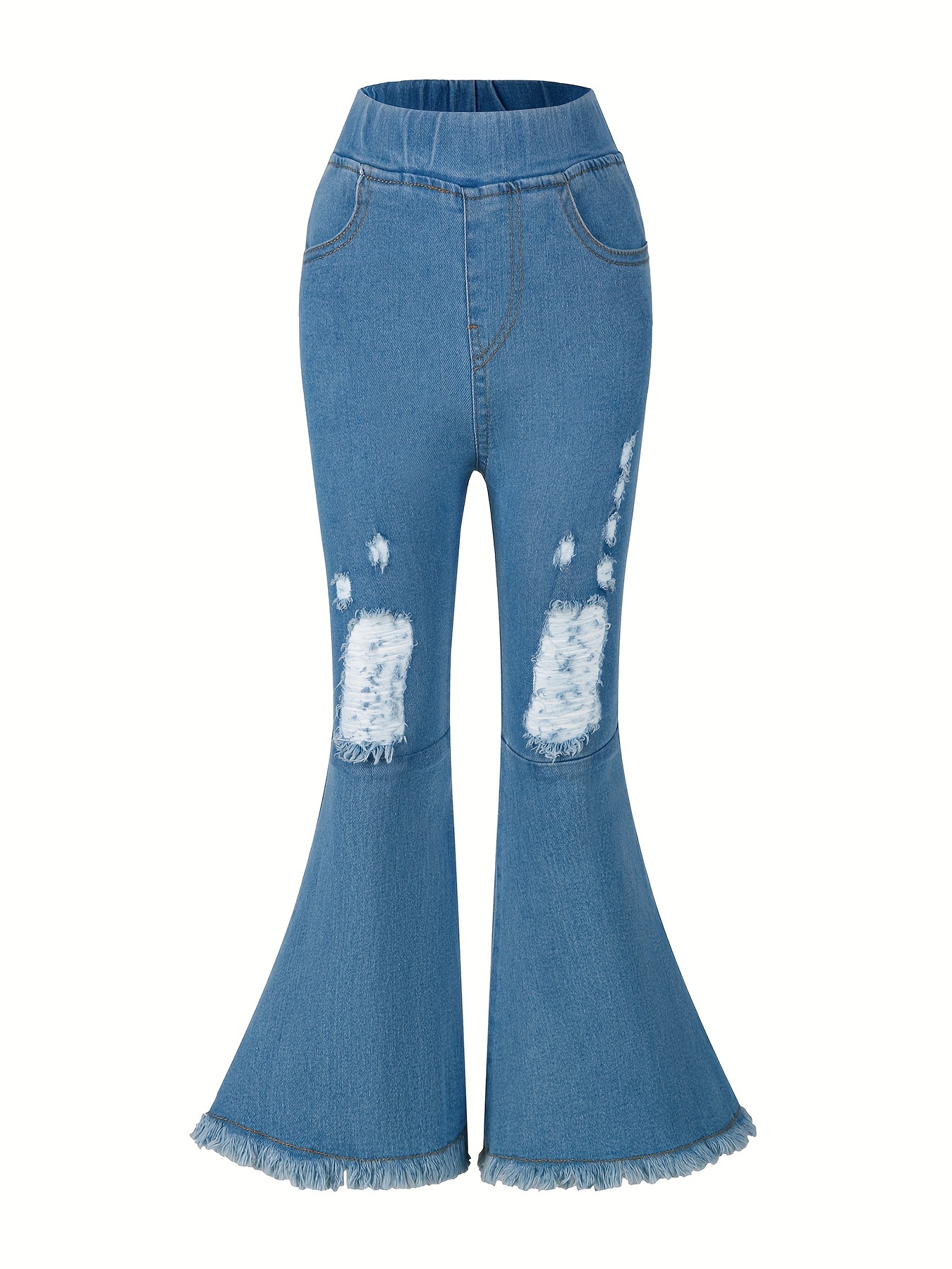 girls hem ripped jeans casual pocket elastic waist denim Temu Oman