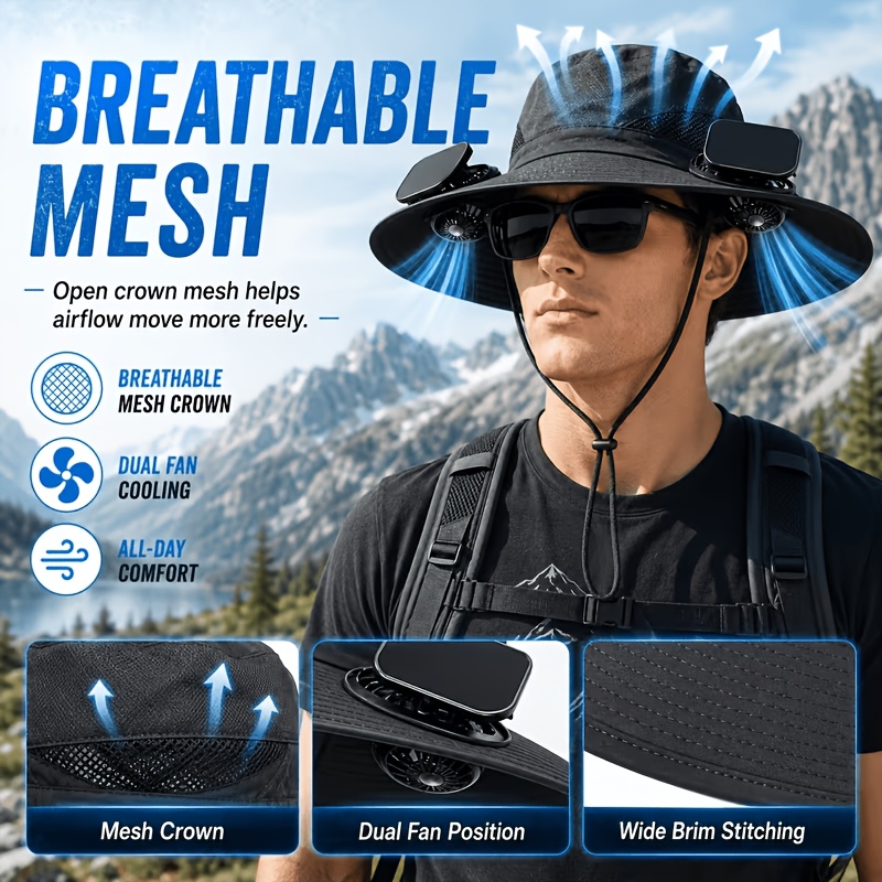 Image of Cooling Wide Brim Fan Hat, Solar Powered Outdoor Sun Hat With Dual Fans, Adjustable Strap And Comfortable Breathable Fit For Men Women, Travel And Garden Work (2 Fans)