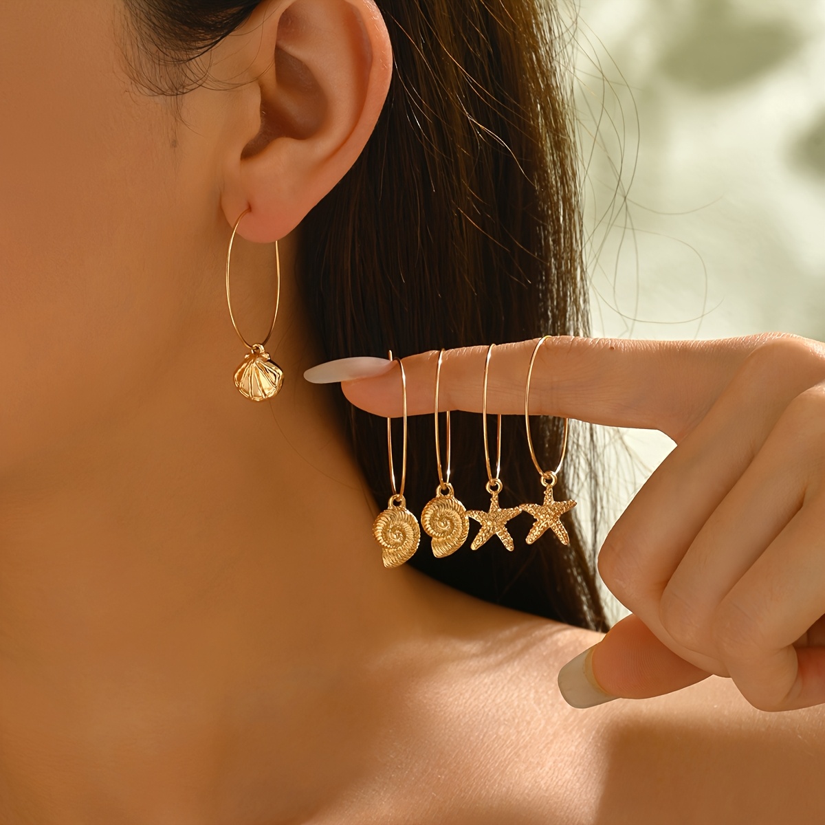 Image of 3 Pairs Women's Fashion Hoop Earrings Set Sea Star/shell/fan-shaped Ocean Element Pendant Hoop Earrings Beach Fashion Easy Women' Party Vacation All-match