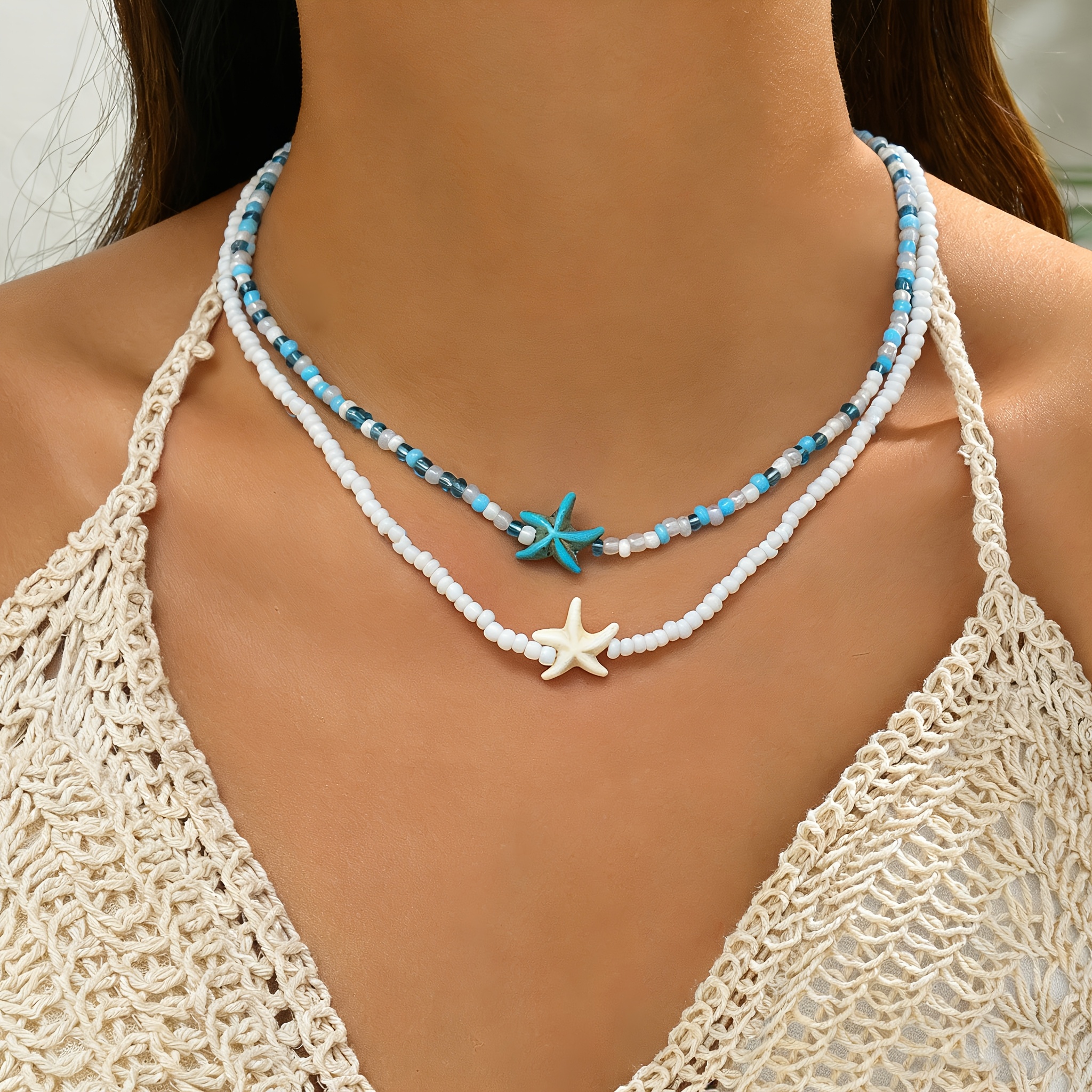 TEMU Lot de 2 bohèmes style océan avec perles de verre turquoise et étoile de mer aléatoires, pour femme pour , les vacances et les fêtes