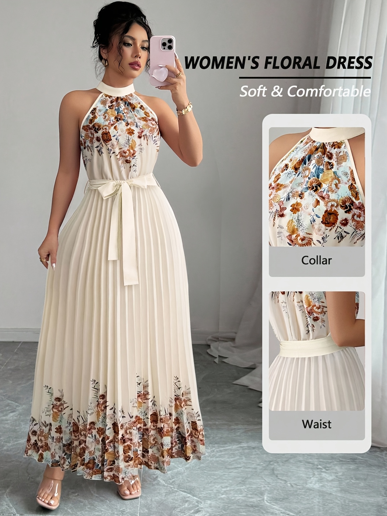 Fashionable New Women'S Summer Halter Floral Print Pleated Dress