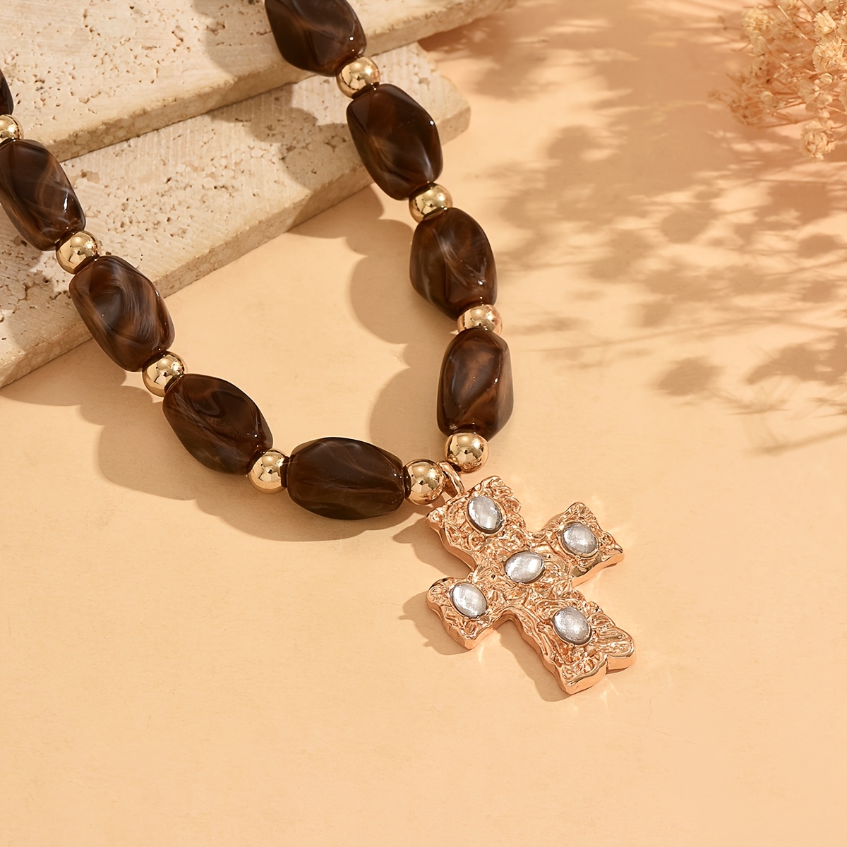Vintage Casual Necklace with Irregular Brown Beads and Cross Pendant