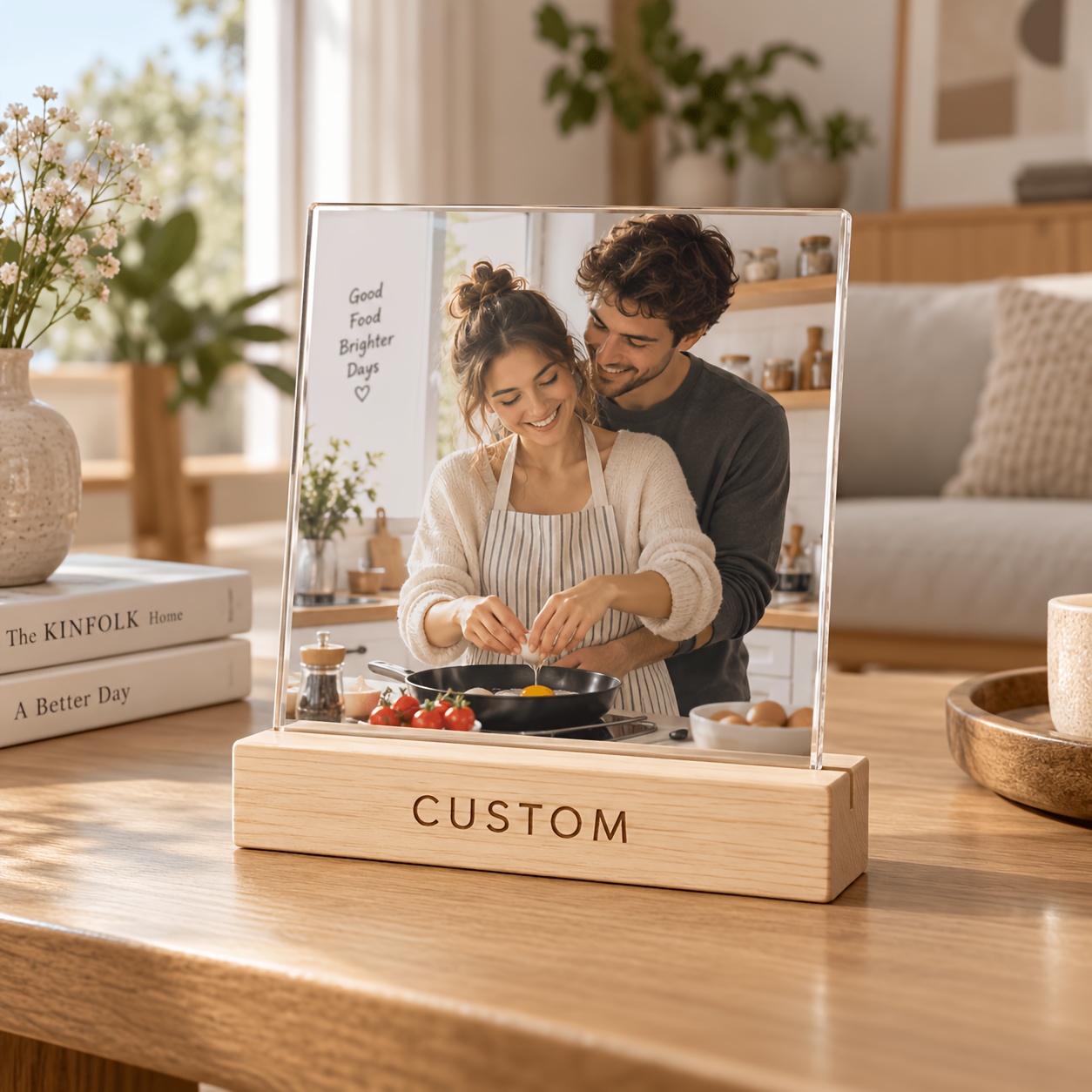 TEMU Cadre personnalisé photo en acrylique avec base en bois, Ornement photo personnalisé, Photo commémorative quotidienne pour couple, Décoration de