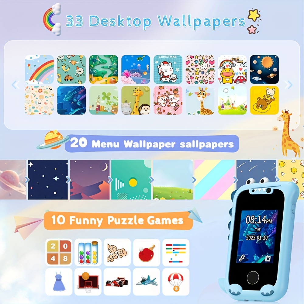 Teléfono Inteligente de Juguete Todo en para Niños con Cámaras Duales,  Pantalla Táctil y Juegos Educativos Batería Recargable, Carga USB,