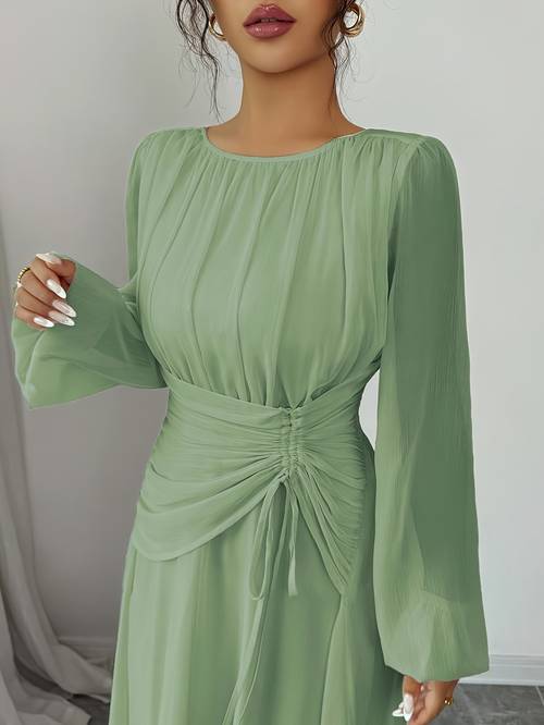 elegant and casual french dress for spring and summer featuring charm commuting vacation afternoon with a round neck pleated waist drawstring a line silhouette and long sleeves