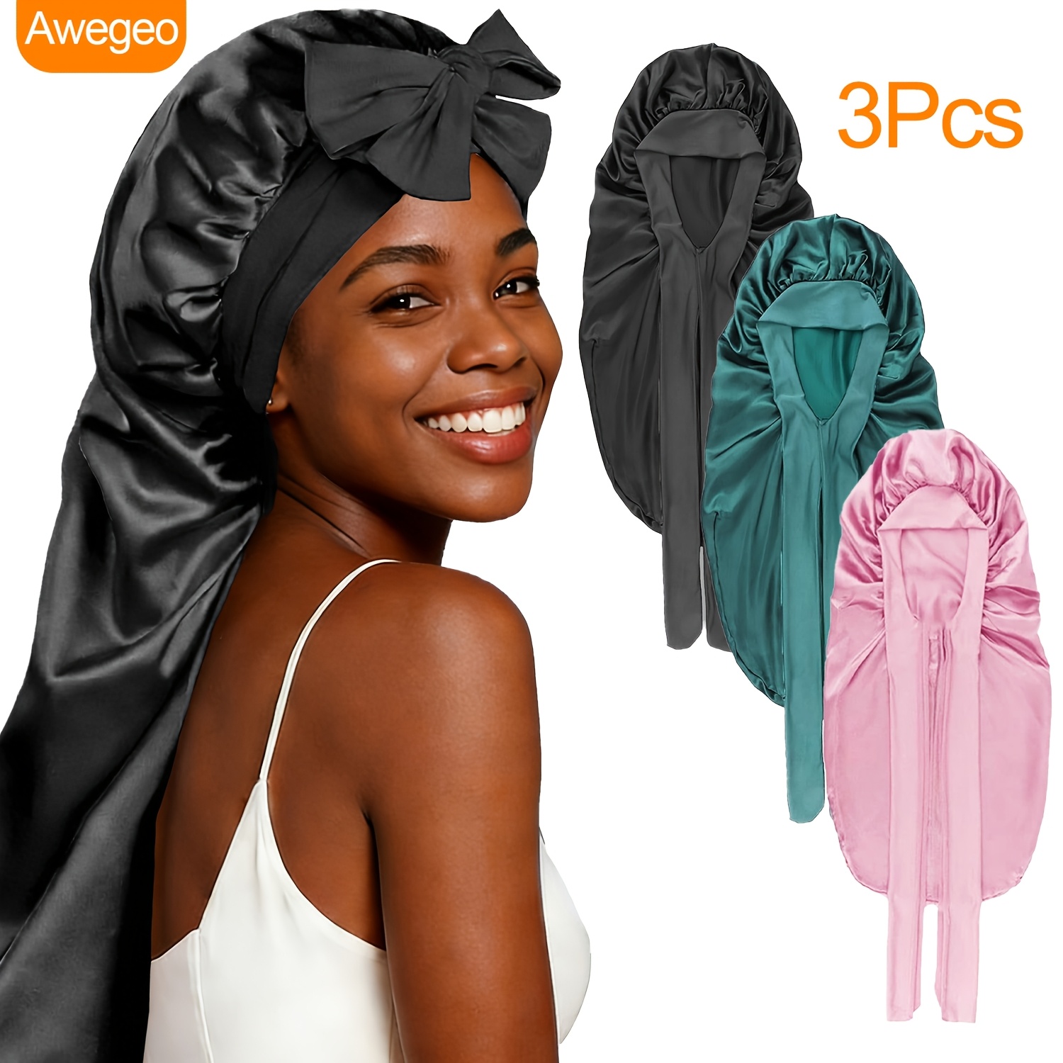TEMU 3pack Adjustable Long Satin Sleep Bonnet, Bow Tie For Women Long Curly Hair Hair Care