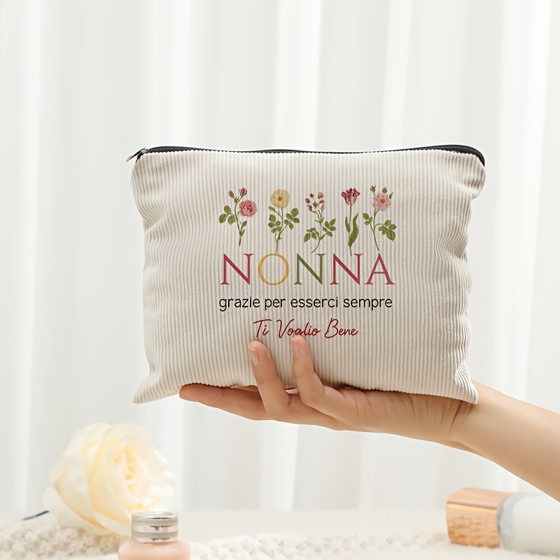 Image of 1pc Nonna Italian "to Bene" Corduroy Makeup Bag With Nonna Design - Lightweight Zippered Pouch Suitable For Grandma, Birthday, Christmas, Mother's Day Gift - Italian Makeup Case