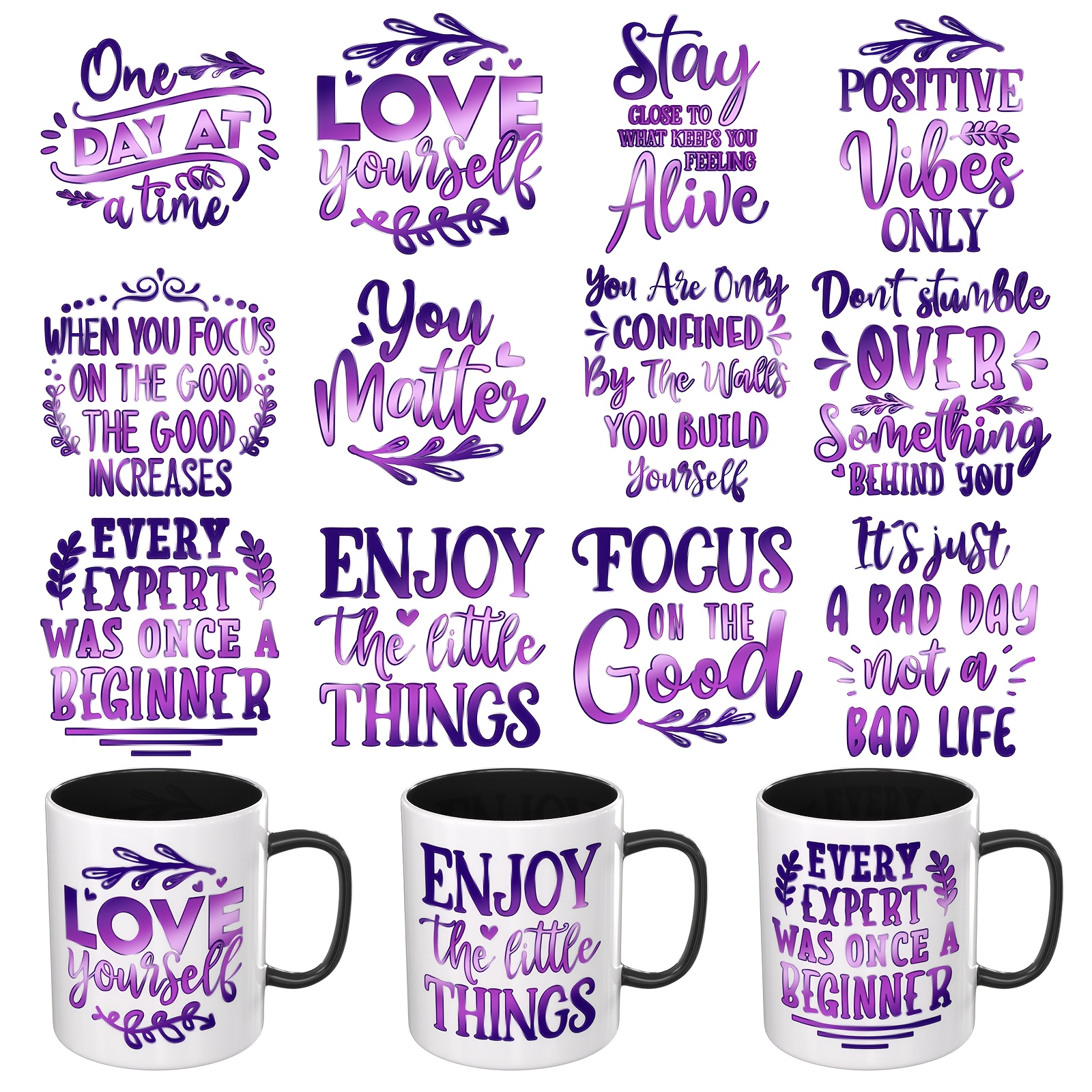 

12pcs Dorsbaby Motivational Quote Transfer Paper, High Uv Dtf Transfer Decals For Mugs, Glasses, Laptops, Mouse Pads, Diy Plastic Cup Wraps - Inspirational Phrases For Personalized Decor