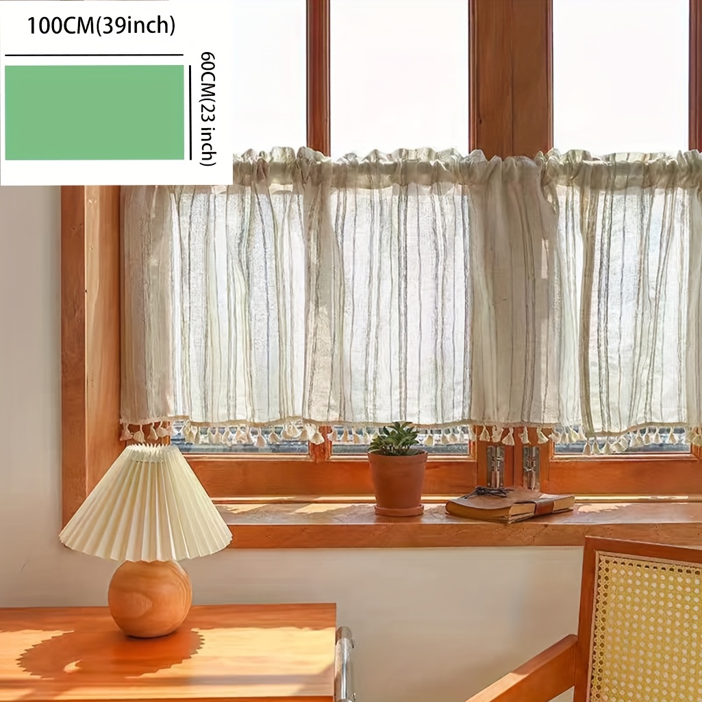 TEMU 2pcs Vintage Japanese-style Linen-look Polyester Partition Curtains - Protection Semi-transparent Striped Rod For Kitchen, Bathroom, Entryway -