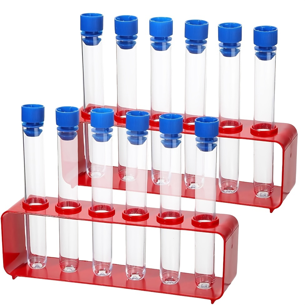 TEMU Set Of Laboratory Test Tubes With A Stand, Featuring 12 Graduated Plastic Tubes With Blue Caps And A Red Rack, Ideal For Scientific Experiments,