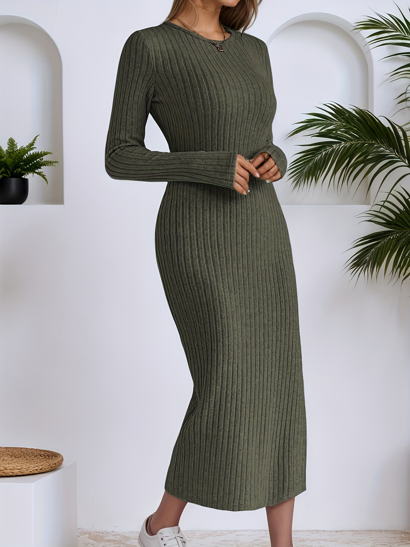 Women'* Color Round Neck Long Sleeve Ribbed Fabric Dress, Military Green  Vertical Stripe * Long Dress, Side Slit Commuter Dress, Must-Have for  Autumn ...
