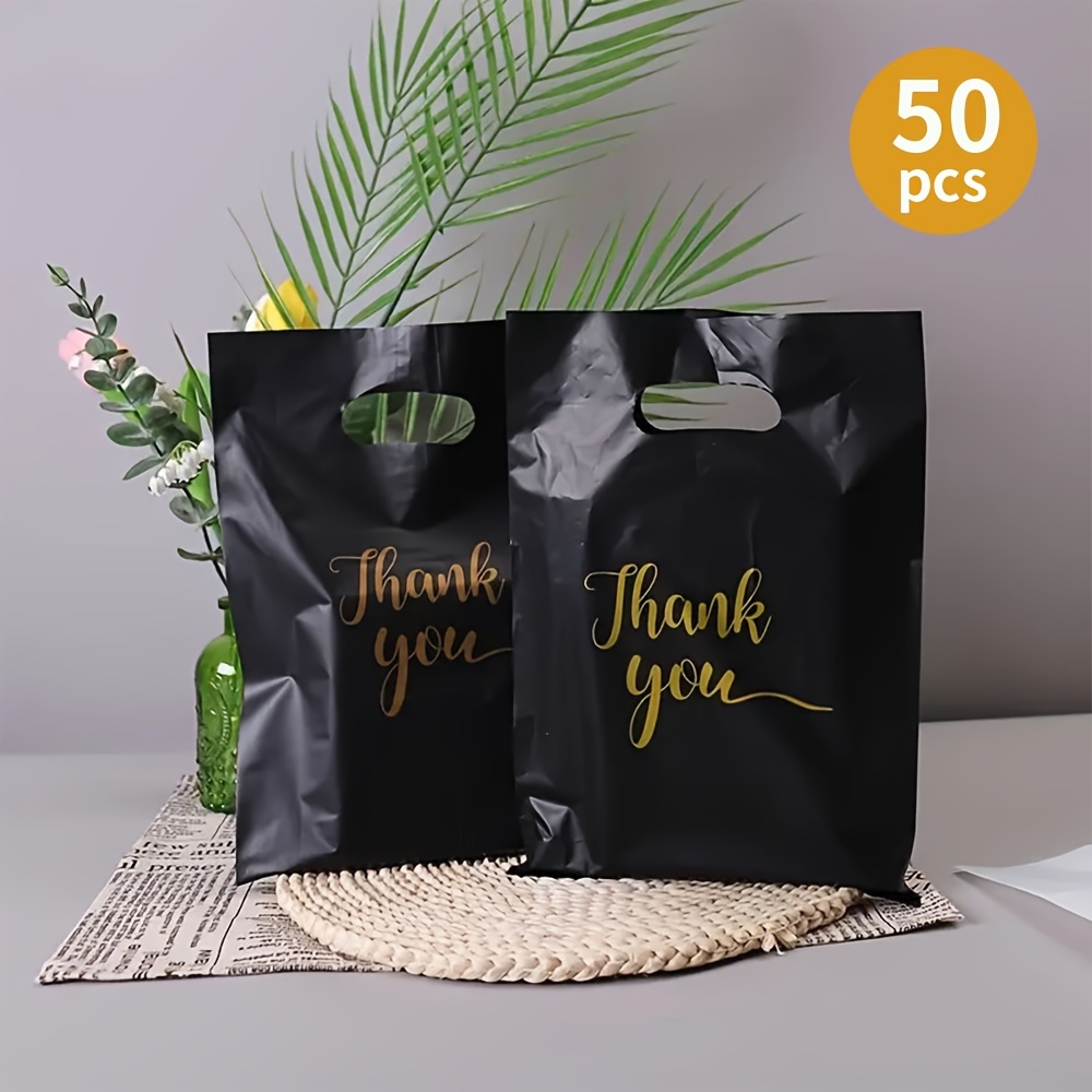 

Value Pack 50pcs Thank You Gift Bags, Black Retail Shopping Bags, Suitable For Weddings, Birthday Party, Shops, Clothes, Parties, Reusable Plastic Bags With Handles, Car Trash Bags Packing Bags