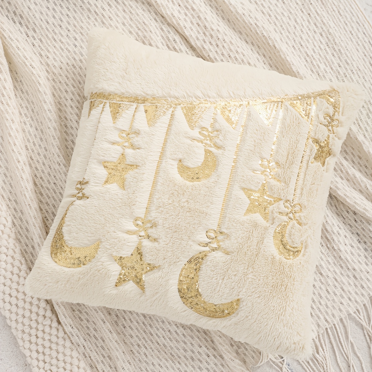 1pc ramadan decorative pillow cover with   stars and lantern embroidery plush islamic muslim holiday gift for living room sofa decor Product details 8
