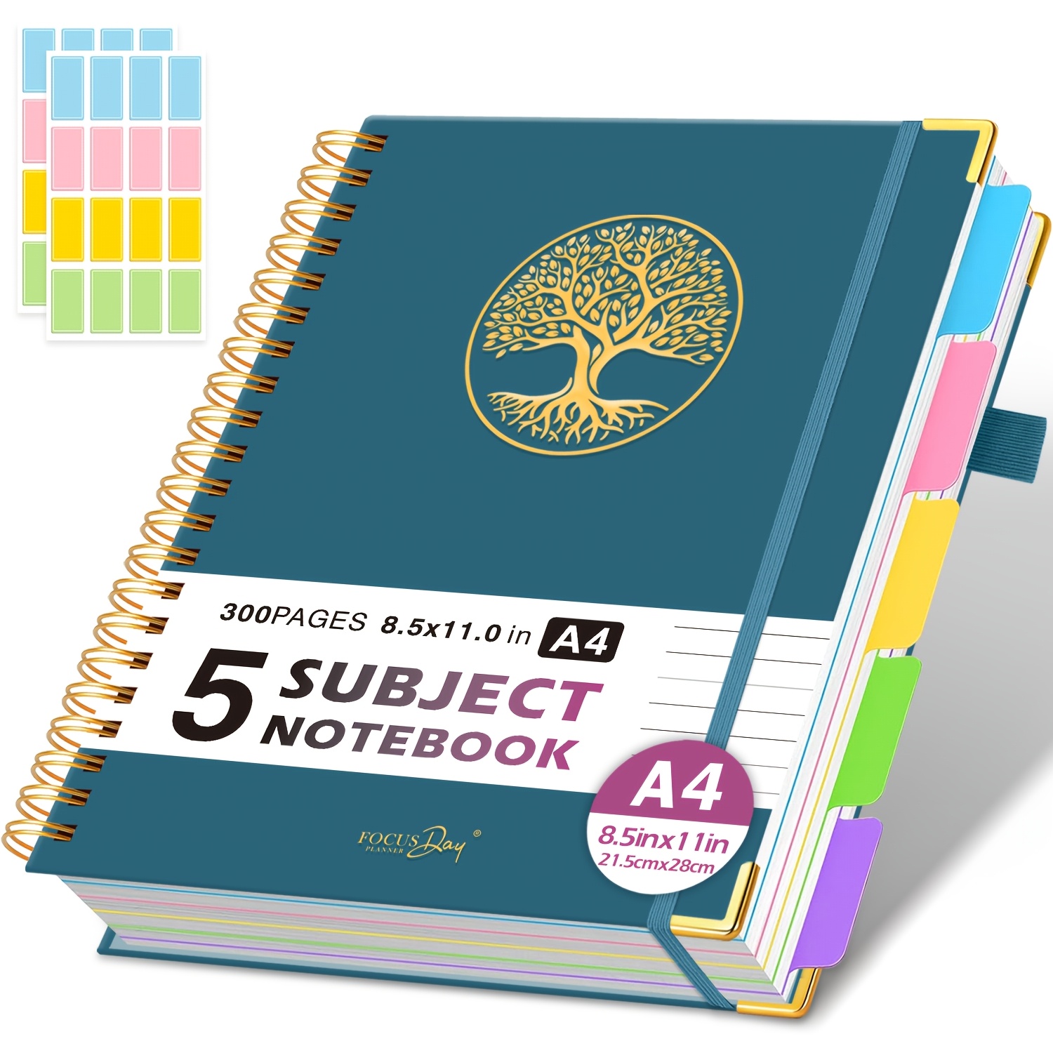 Image of A4 Spiral Notebook Notepad With Removable Dividers Tabs, 21.5 X 28cm, 5 Subject Notebooks College Ruled With 300 Pages 100gsm Lined Paper, Inner Pocket, Large Project Book For Work, School, Office